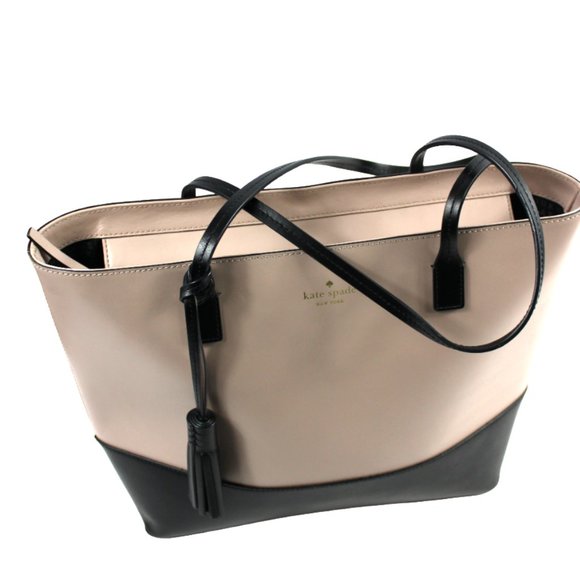 Kate Spade Wright Place Karla Two Tone Almondine & Black Leather Tote - Picture 3 of 10